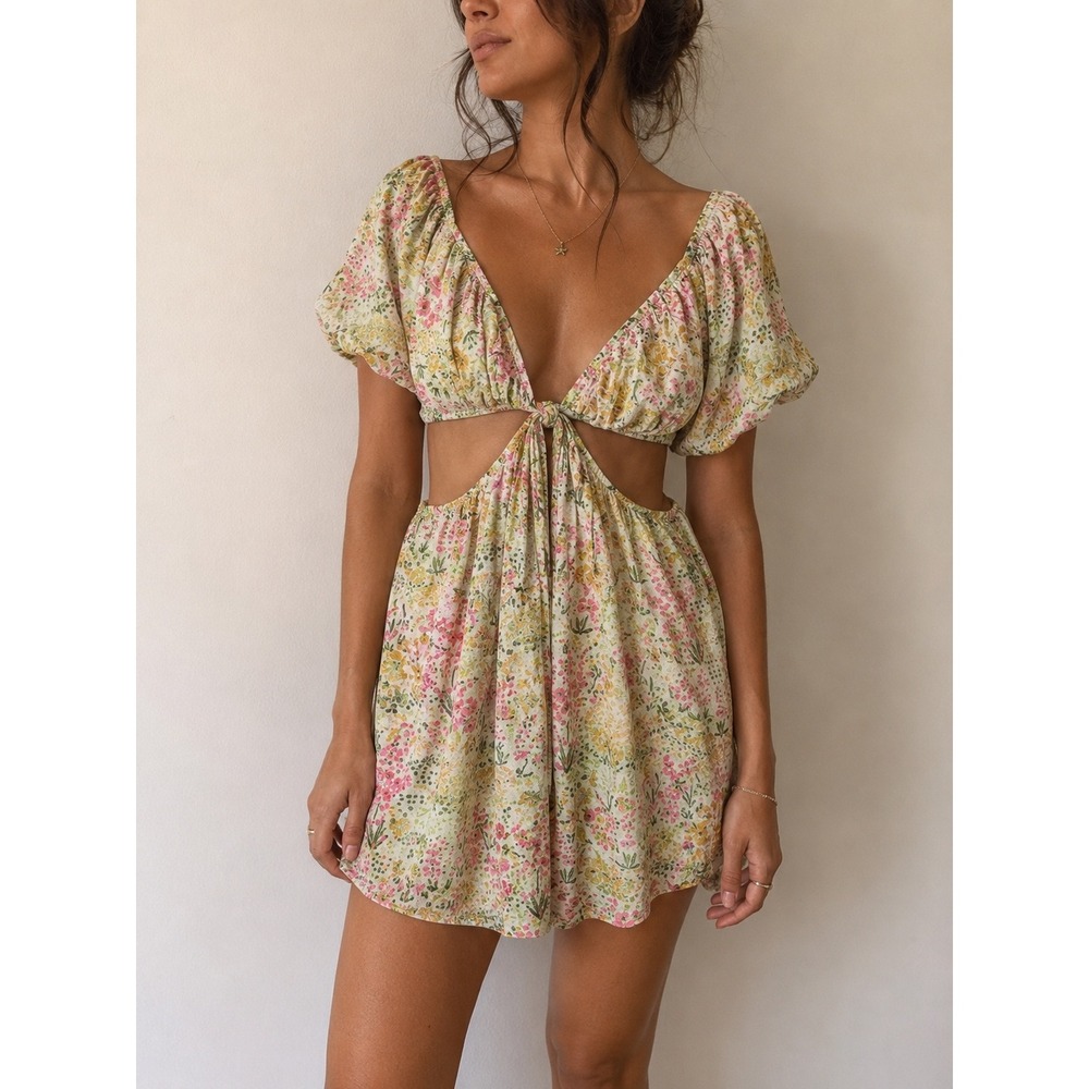 Floral Cutout Mini Dress - Yellow & Pink